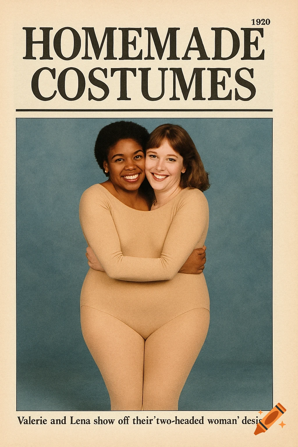 Vintage magazine cover shows two women sharing a leotard for a 'two-headed woman' costume.