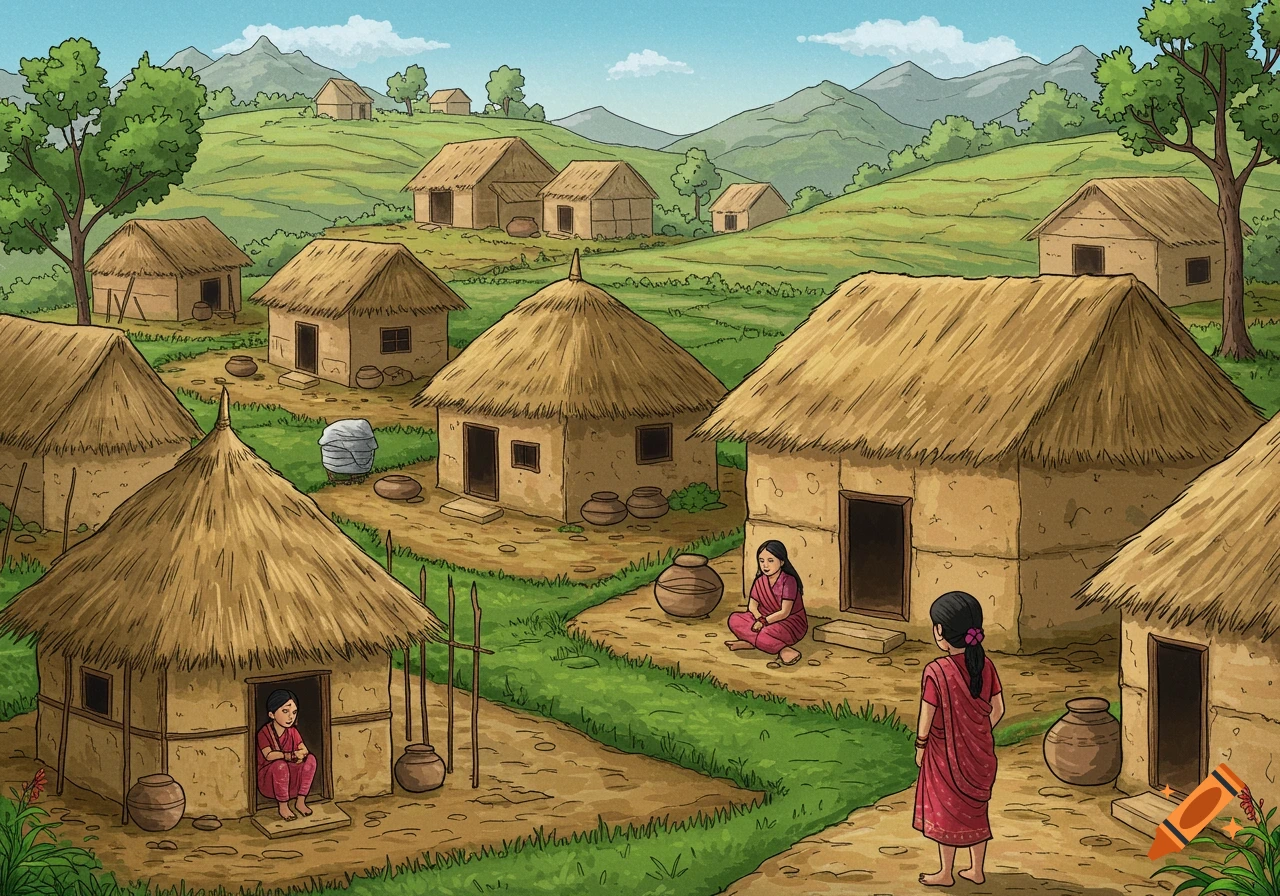Illustration of a village with thatched huts and women, in a folk art style.