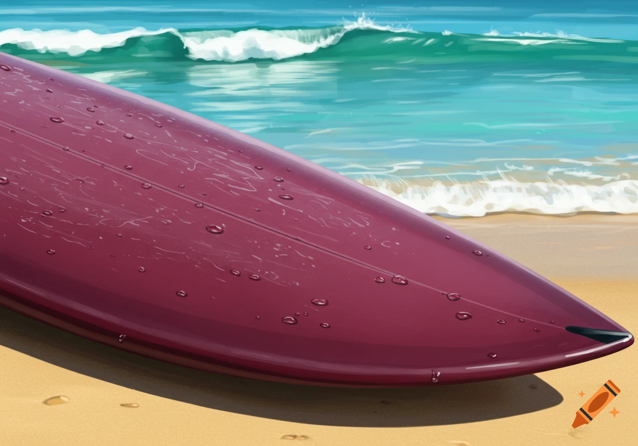 A maroon surfboard lies on the sand with waves breaking in the background, illustration style.