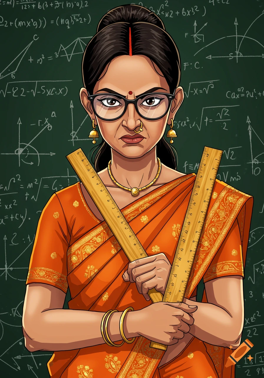 Illustration of a mean-looking female Indian math teacher with glasses holding rulers in front of a blackboard with equations.