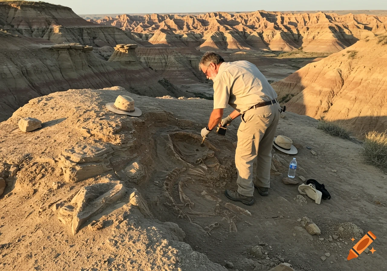 A geologist excavates a fossil in a desert badlands landscape, viewed from behind.