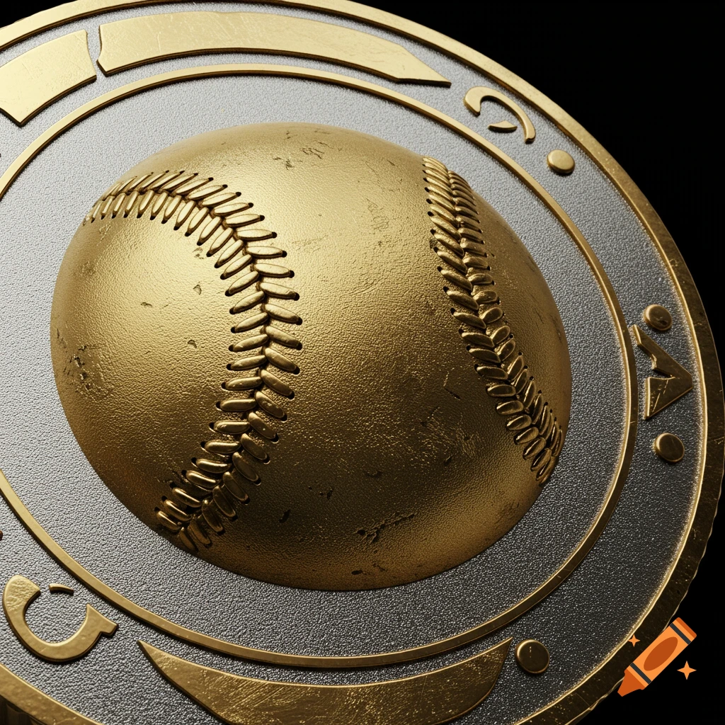 A close-up of a golden baseball engraved on a large metallic coin.