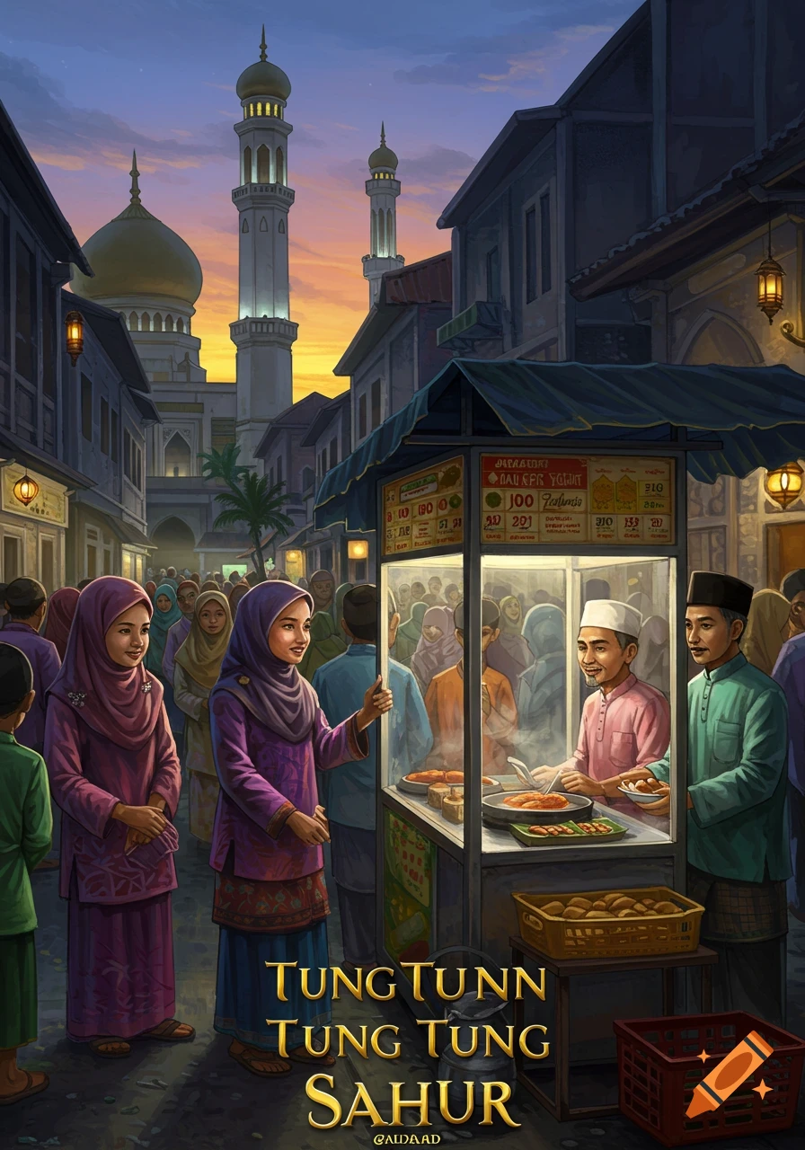 Illustrative scene of people buying food from a street stall near a mosque at sunset.