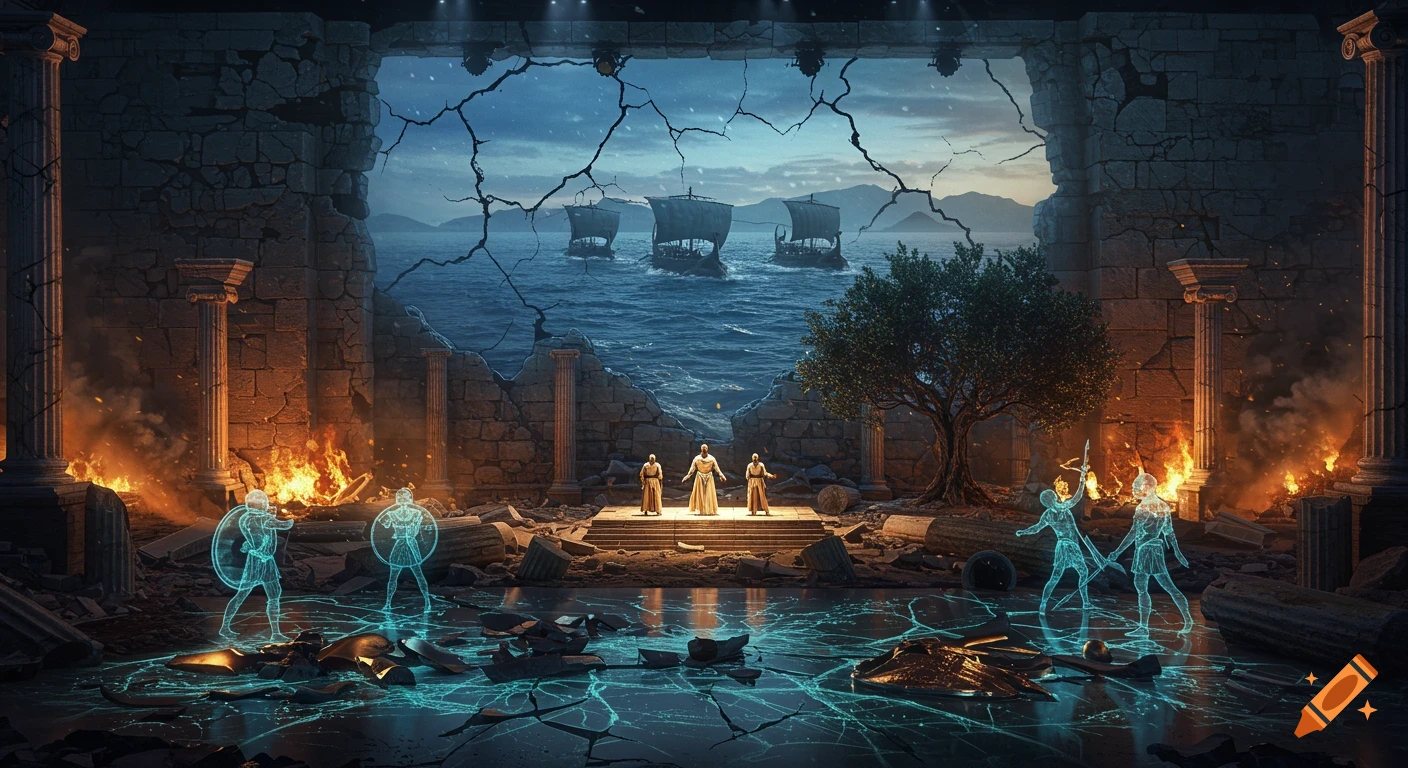 Theatrical stage set resembling ancient ruins with holographic figures overlooking a sea with ships at twilight.