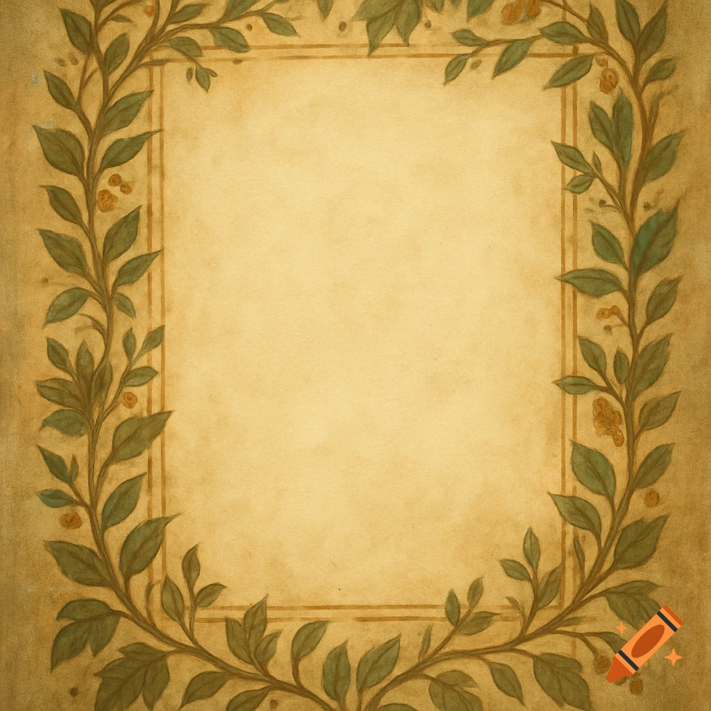 A painted background with a border of green leaves and orange berries on aged paper.