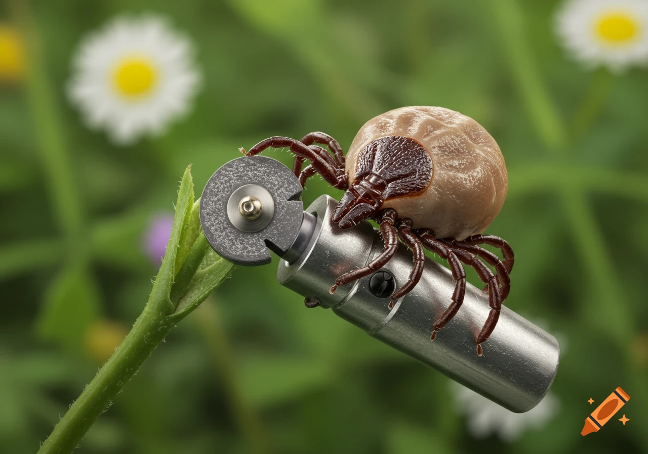 Photorealistic macro shot of a tick holding an electric grinder in a garden.