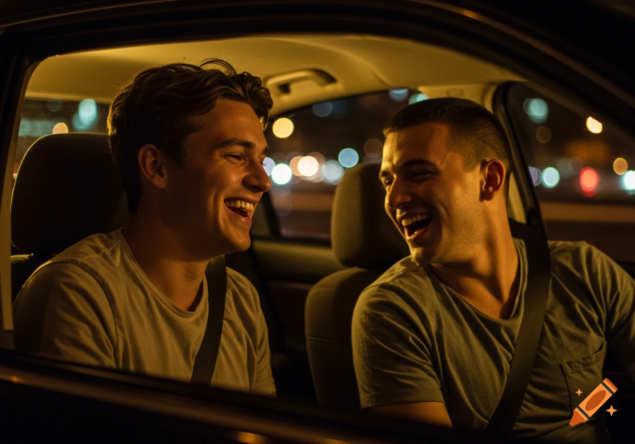 Two men laughing while riding in a car at night with city lights in the background.