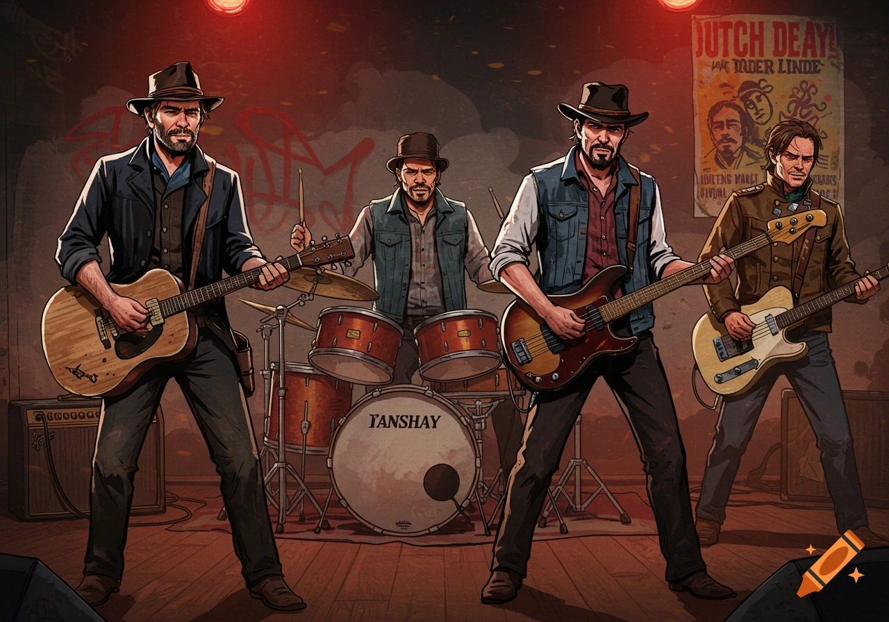 Four men, resembling Red Dead Redemption 2 characters, play instruments as a band on a stage under red lights. Graphic novel style.