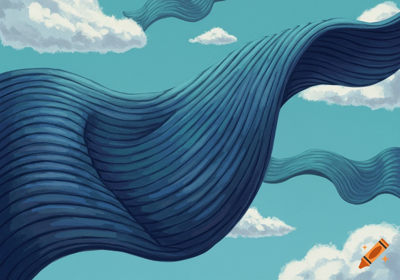 Flying blue ribbed forms against a blue sky with clouds.
