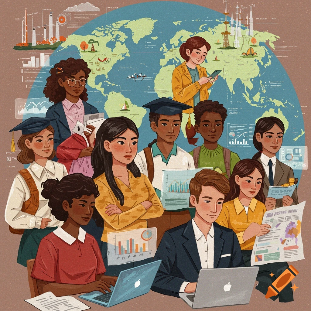 Illustration of diverse students with laptops, graphs, and a globe background.