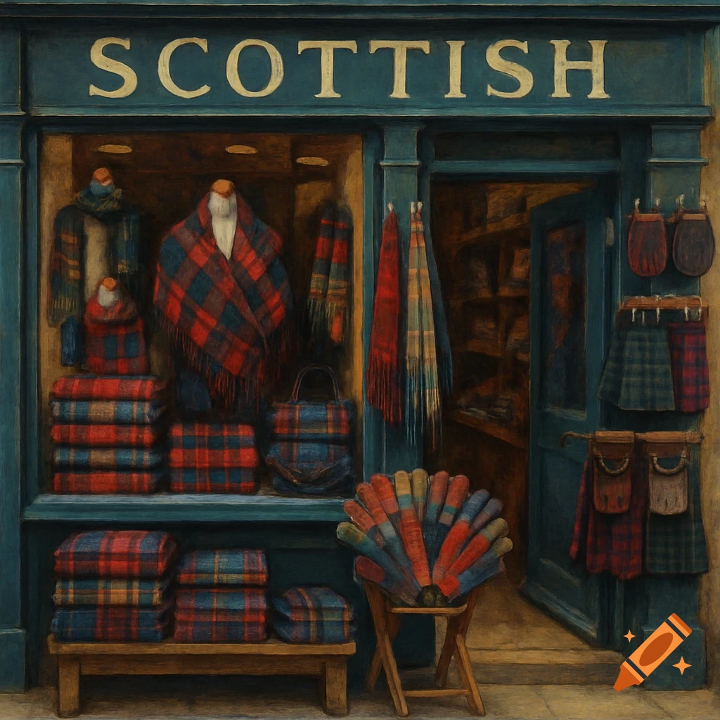 A Scottish shop front featuring a display of tartan blankets, scarves, bags, and kilts, rendered in a painterly style.