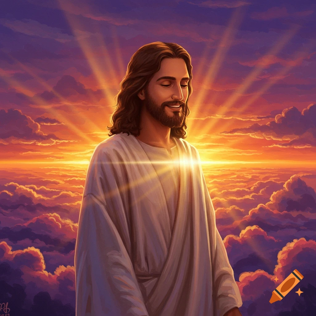 Jesus figure smiles against a vibrant sunrise sky with clouds