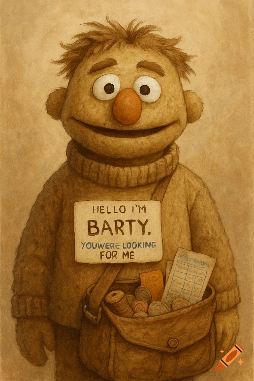 An illustration of a brown puppet wearing a sweater and a name tag, holding a satchel.