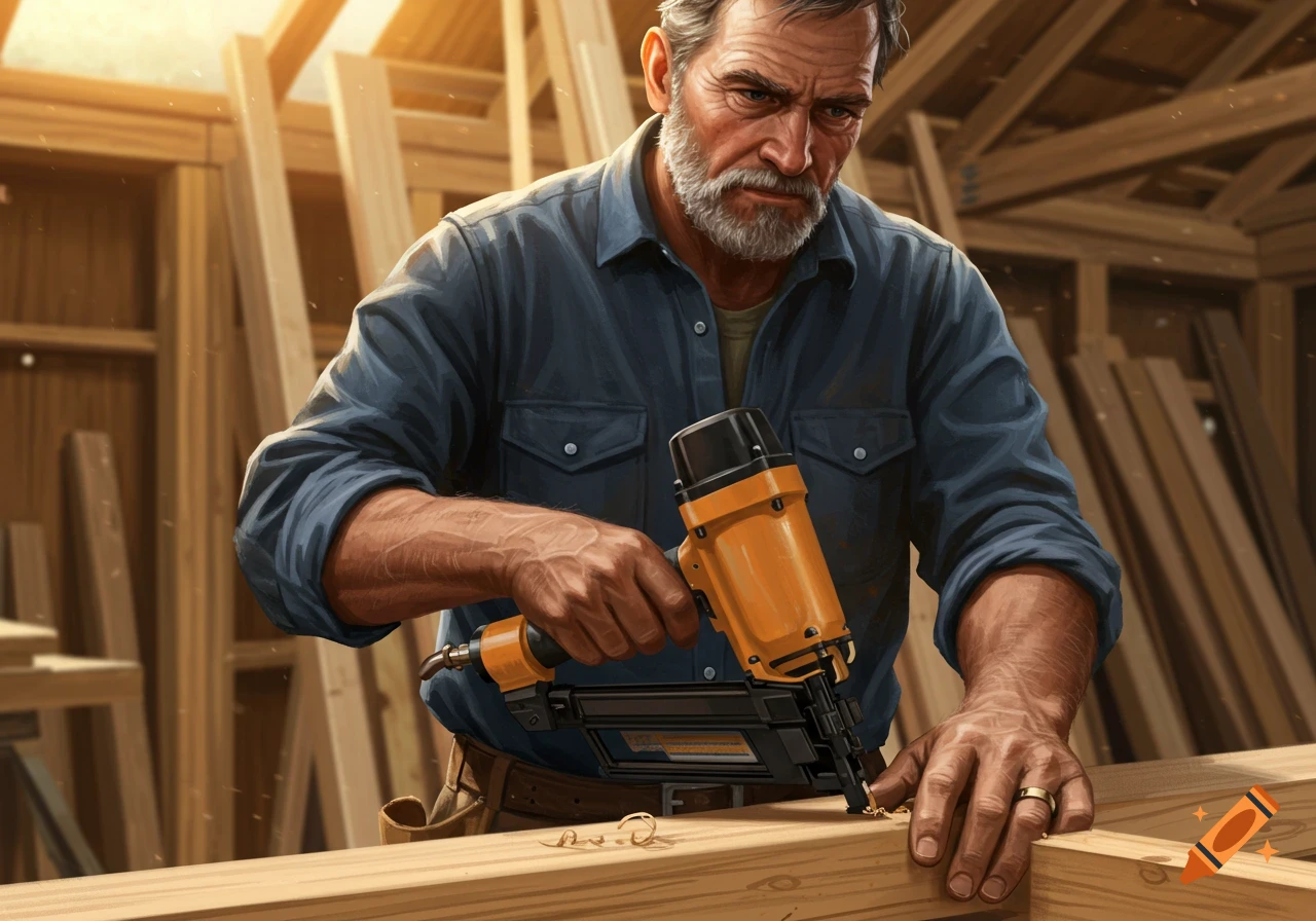 A man using a nail gun in a workshop filled with lumber.