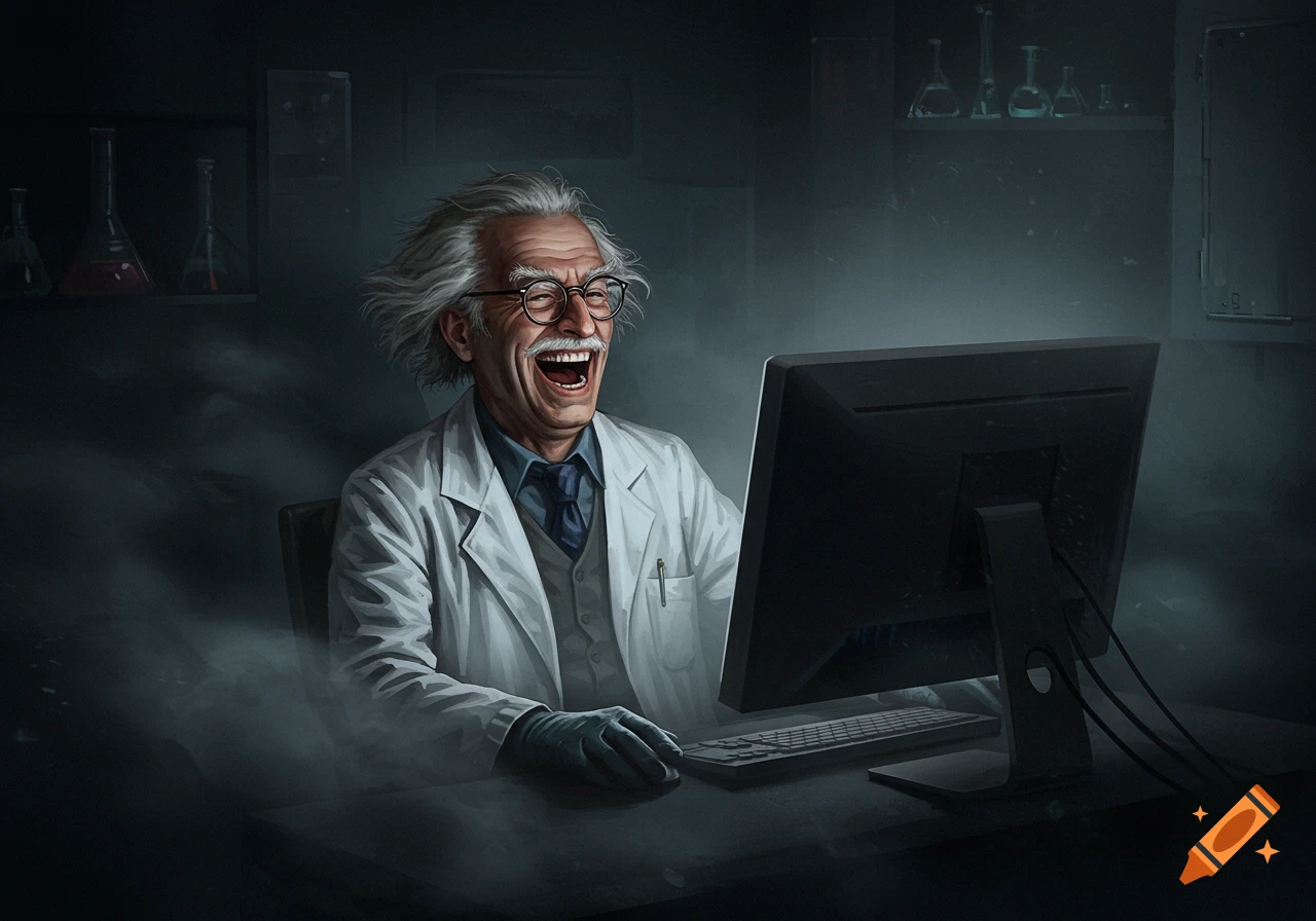 A mad scientist in a lab coat laughs while looking at a computer screen in a dark, hazy room.