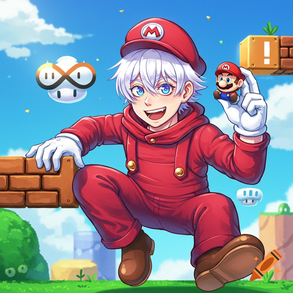 Anime-style drawing of a character resembling Satoru Gojo cosplaying as Mario in a video game level, holding a small Mario figure.