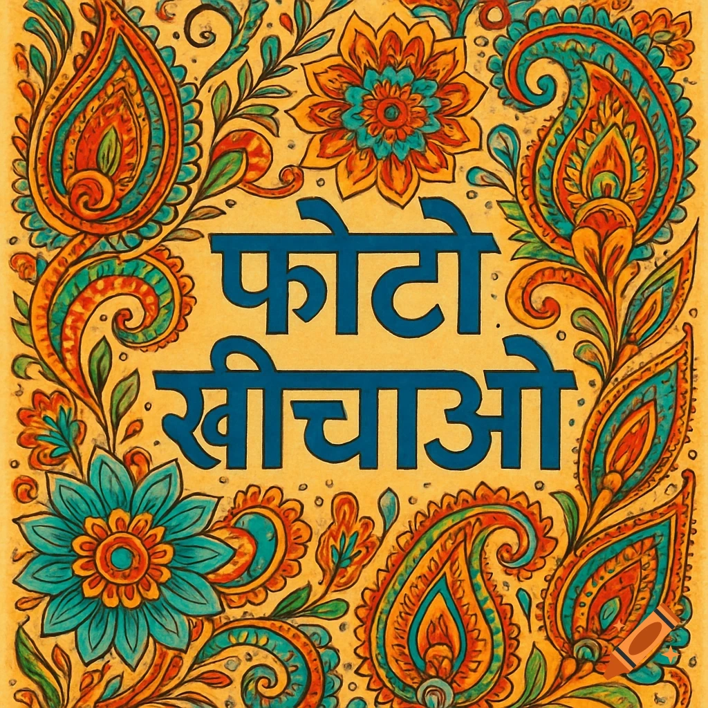 Colorful illustration with a floral and paisley frame in the style of Mehndi art around the Hindi text "फोटो खींचाओ" (Photo Khichao).