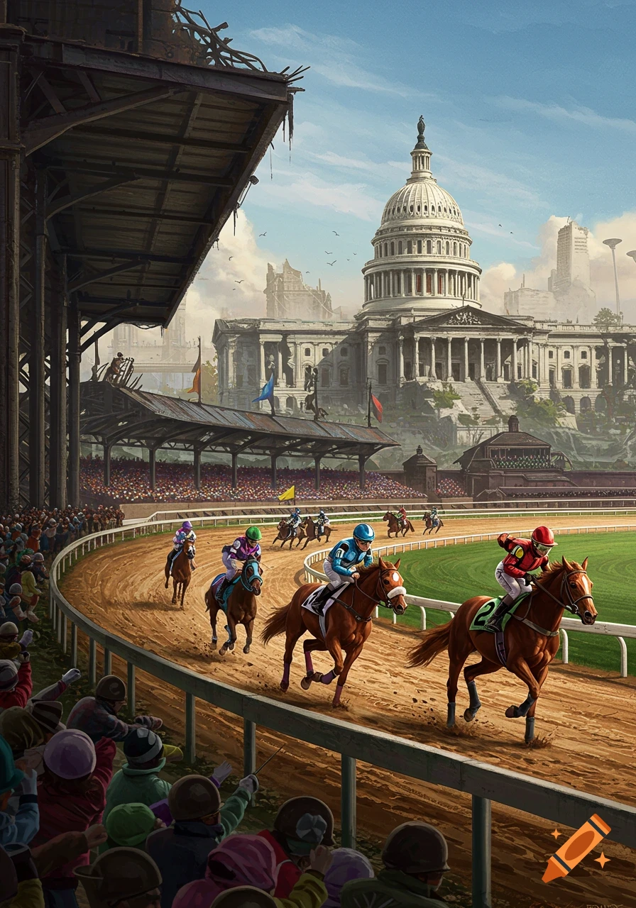 Dystopian horse race near a ruined Capitol building watched by a crowd.