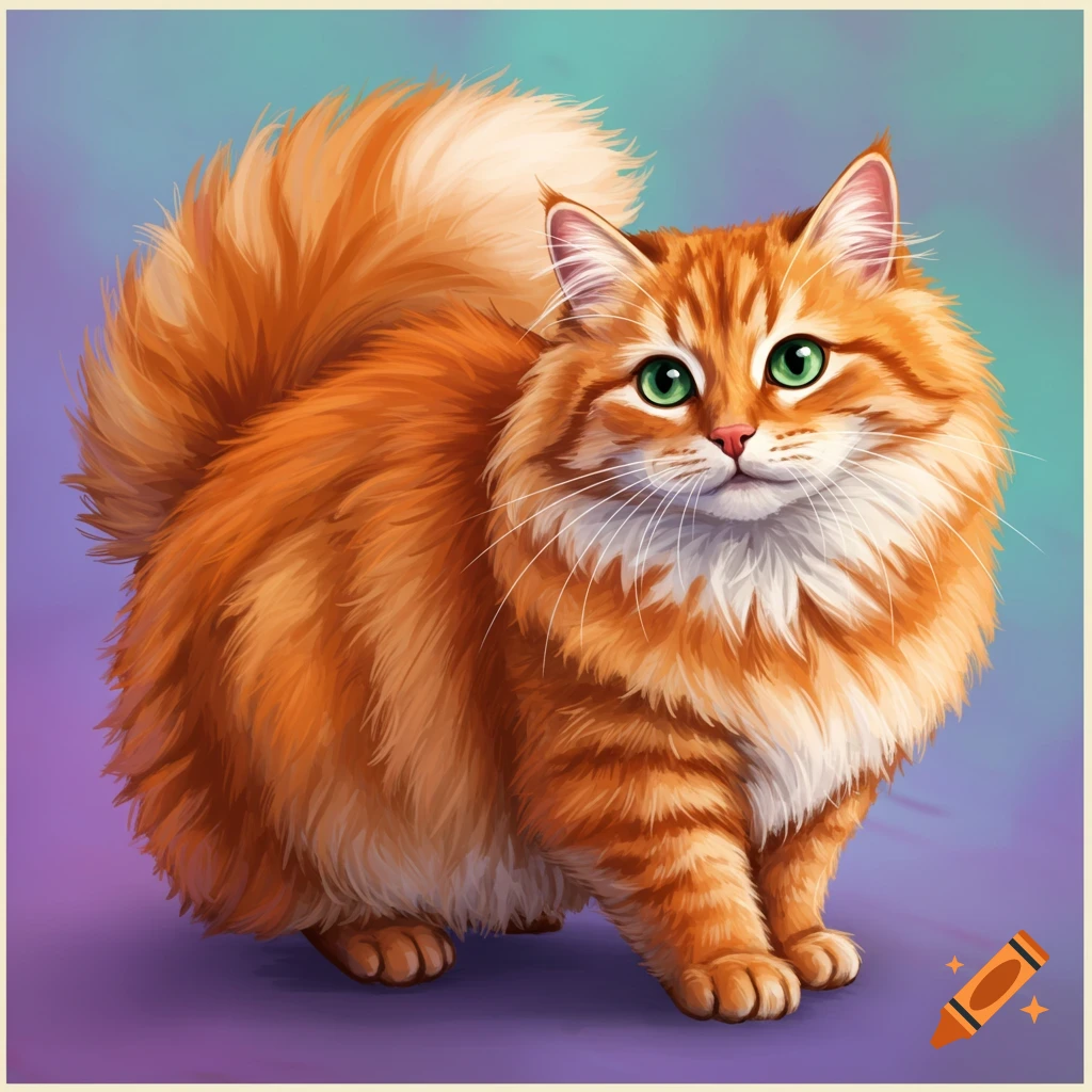 A fluffy orange tabby cat with bright green eyes sits against a ...