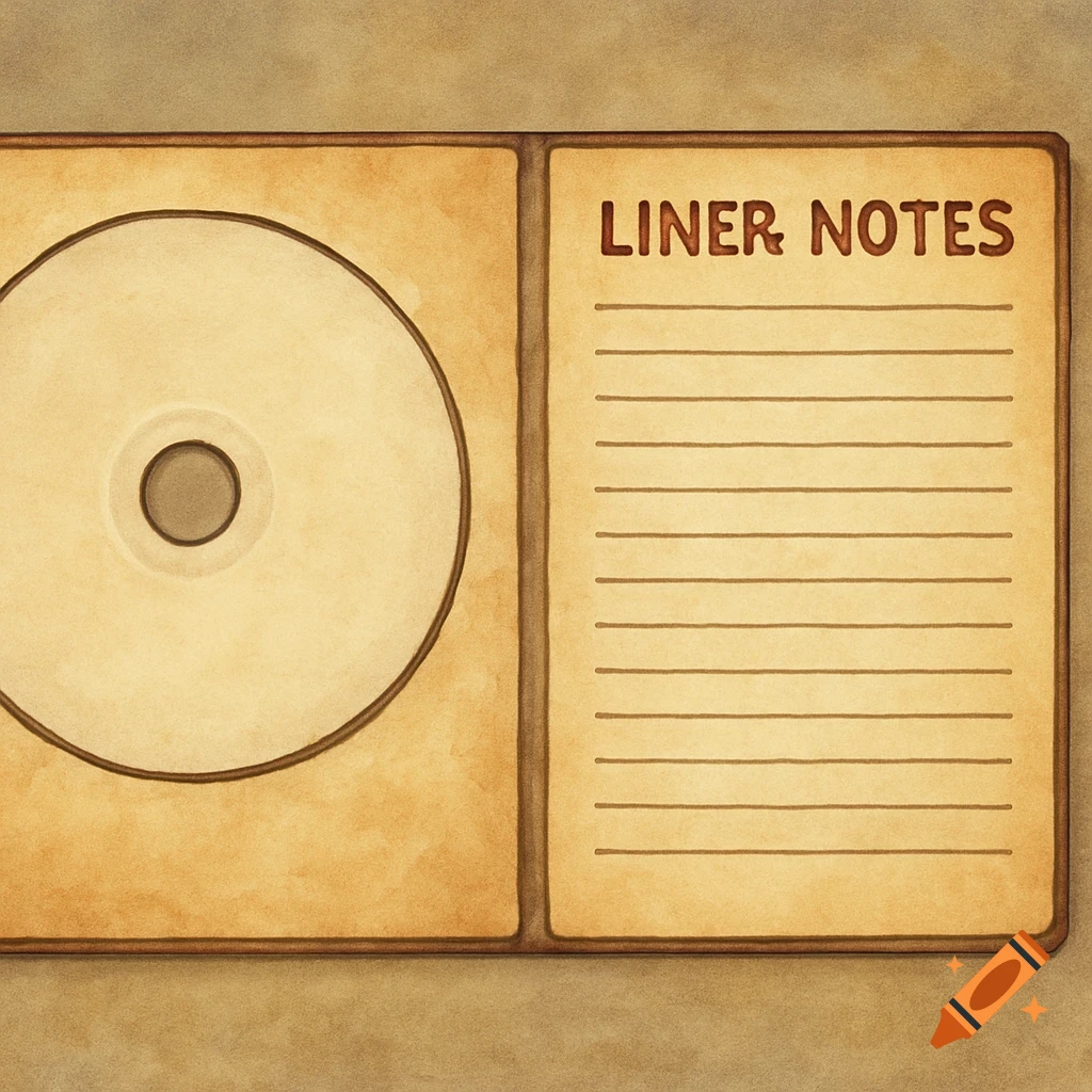 A CD case template showing a CD and lined paper with the text 'LINER NOTES'.