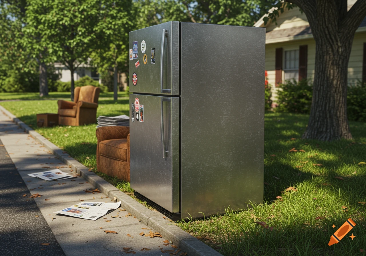 A realistic image of a refrigerator and upholstered chairs left on the curbside near a house, with newspapers scattered on the sidewalk.
