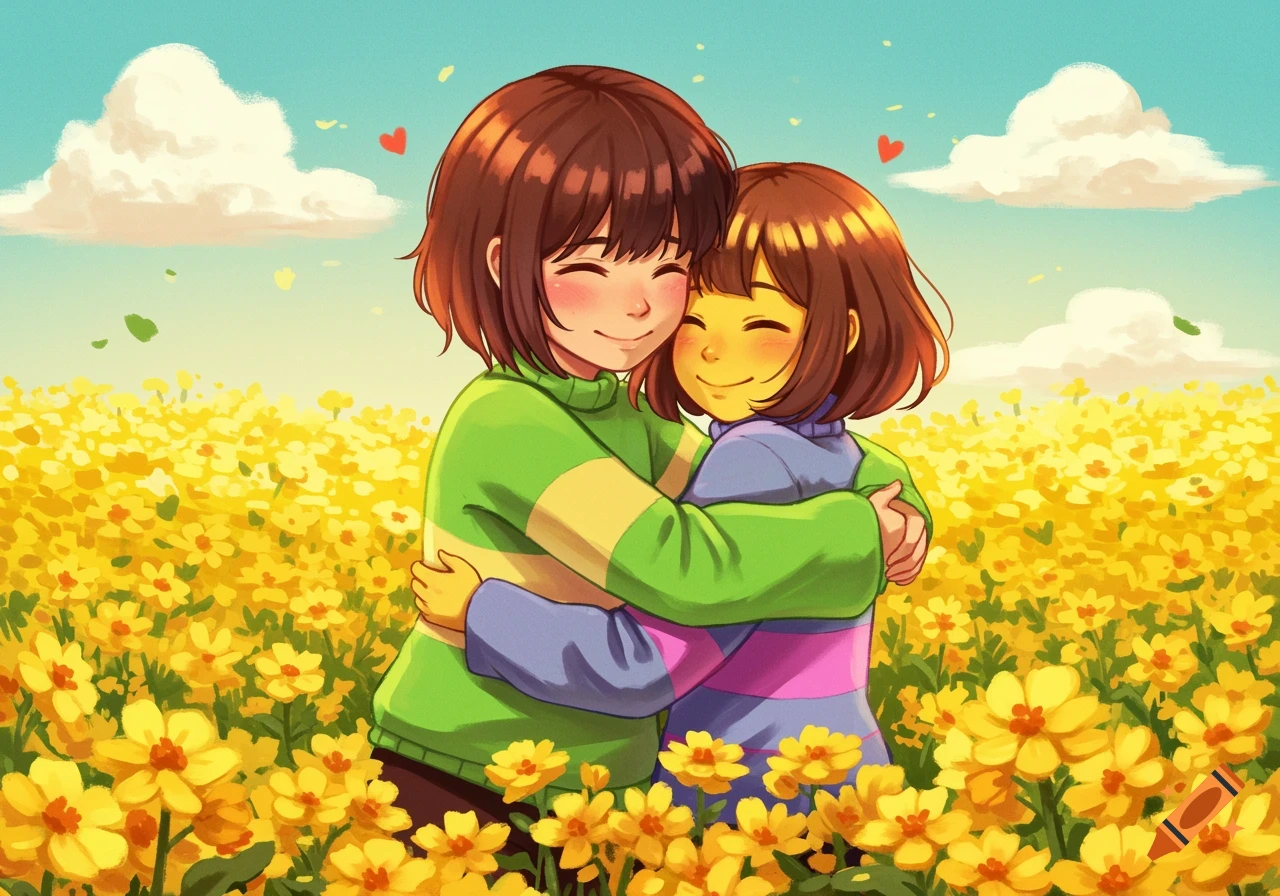 Anime illustration of two characters hugging in a field of yellow flowers.