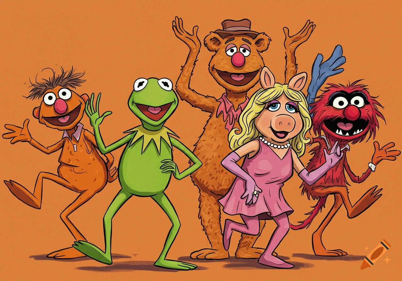 The Muppets characters Ernie, Kermit, Fozzie, Miss Piggy, and Animal posing