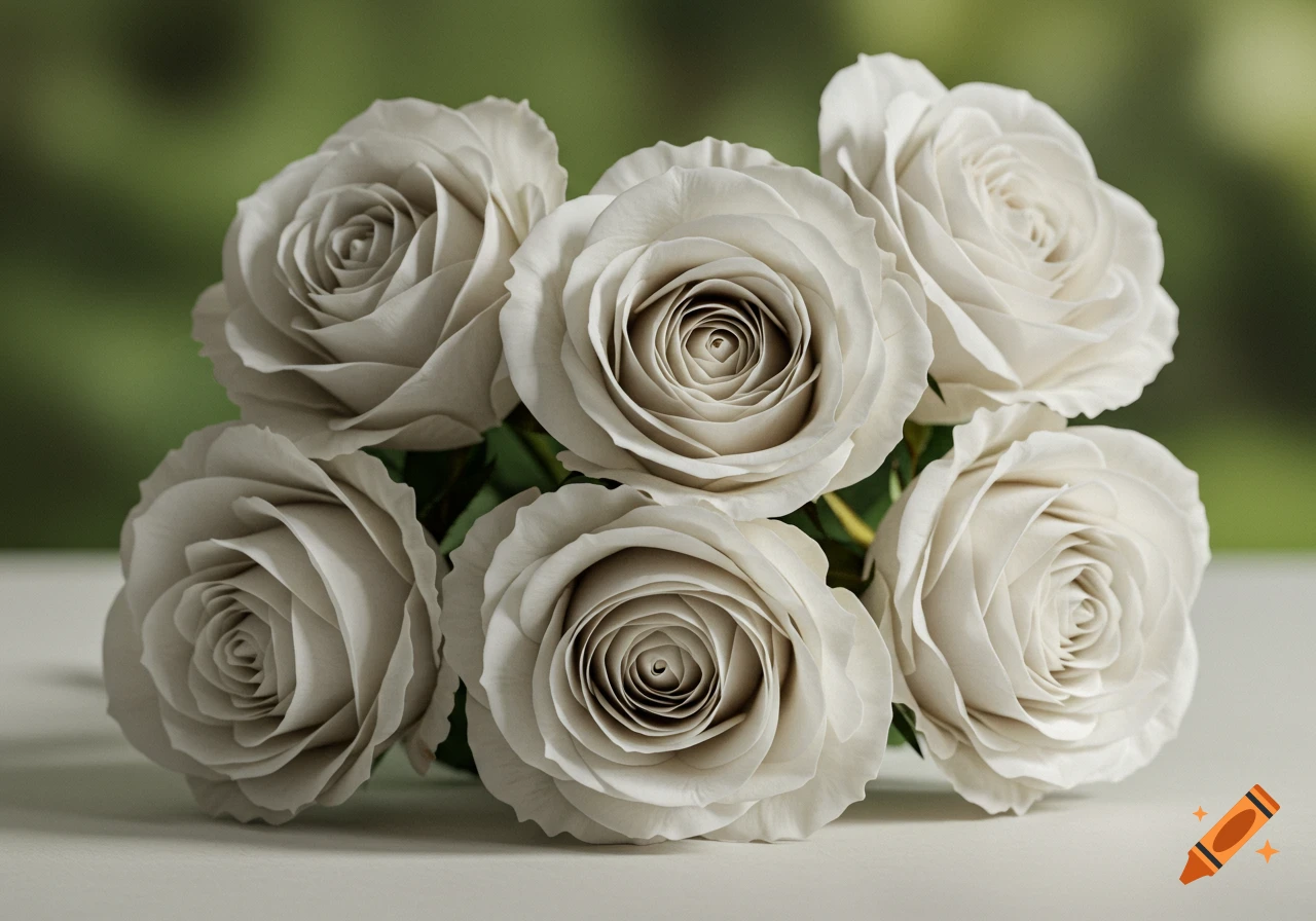 Close-up of a bouquet of realistic white roses with a green background.