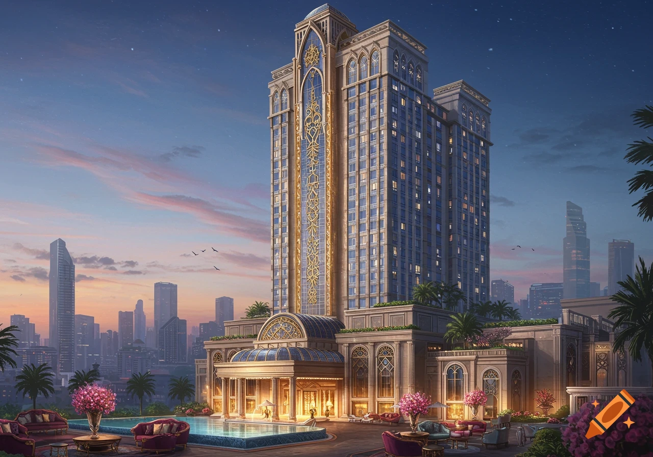 An ornate hotel building with a pool in front, set against a city skyline at dusk.