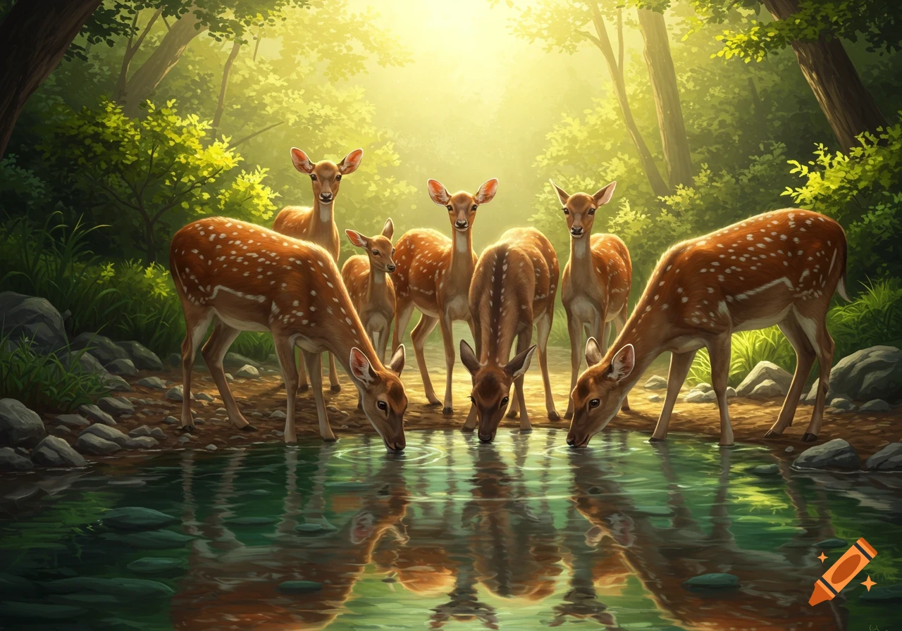 Seven deer drink from a pond in a sunlit forest, digital painting.
