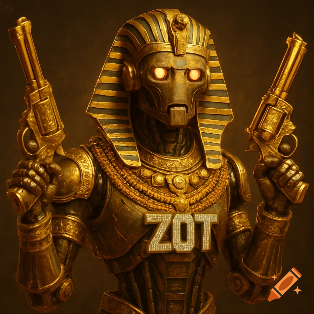 Gold robotic figure in Egyptian Pharaoh headdress with ZOT necklace holding two golden revolvers