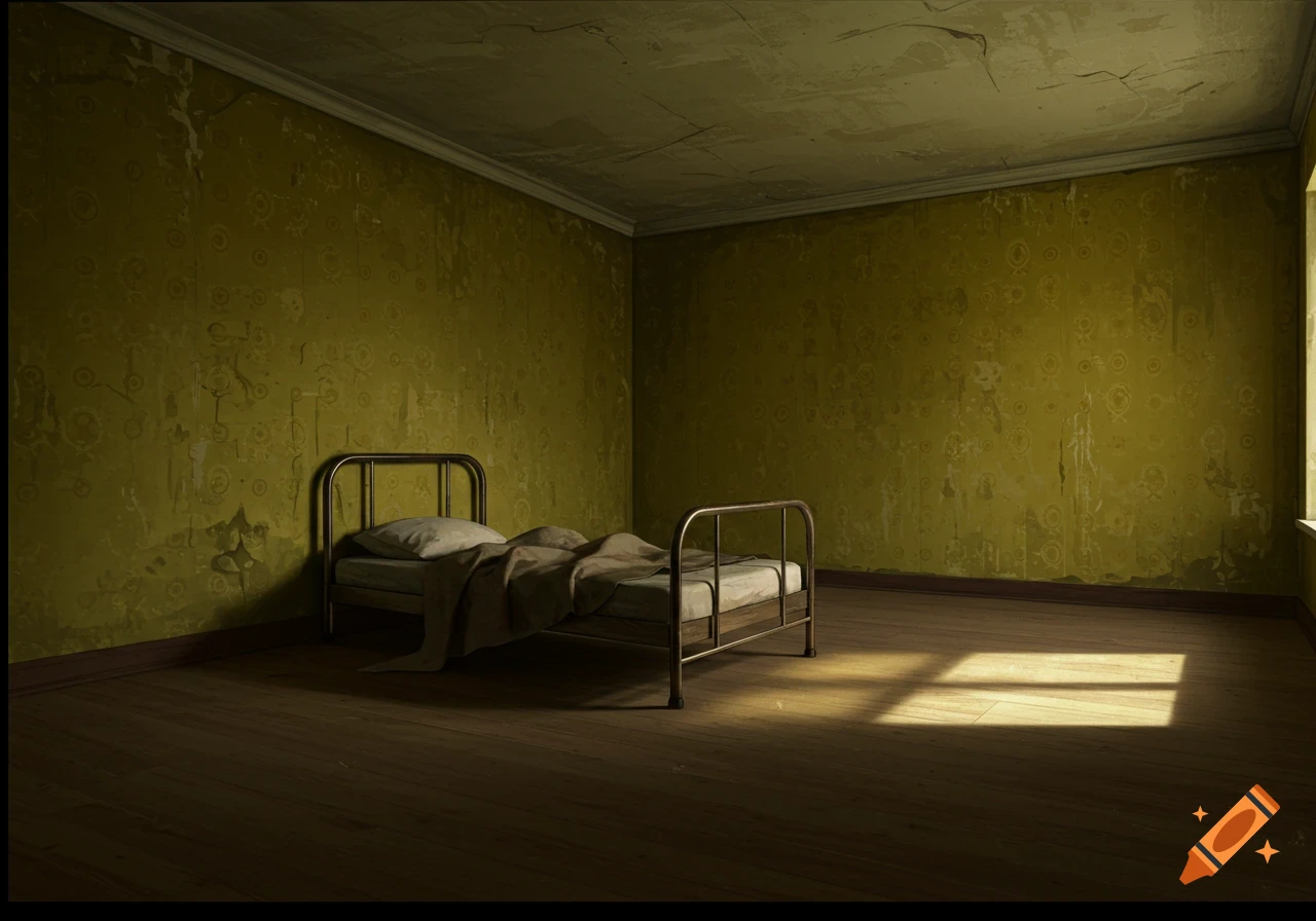 Empty room with a metal bed and dirty yellow peeling wallpaper, lit by sunlight.