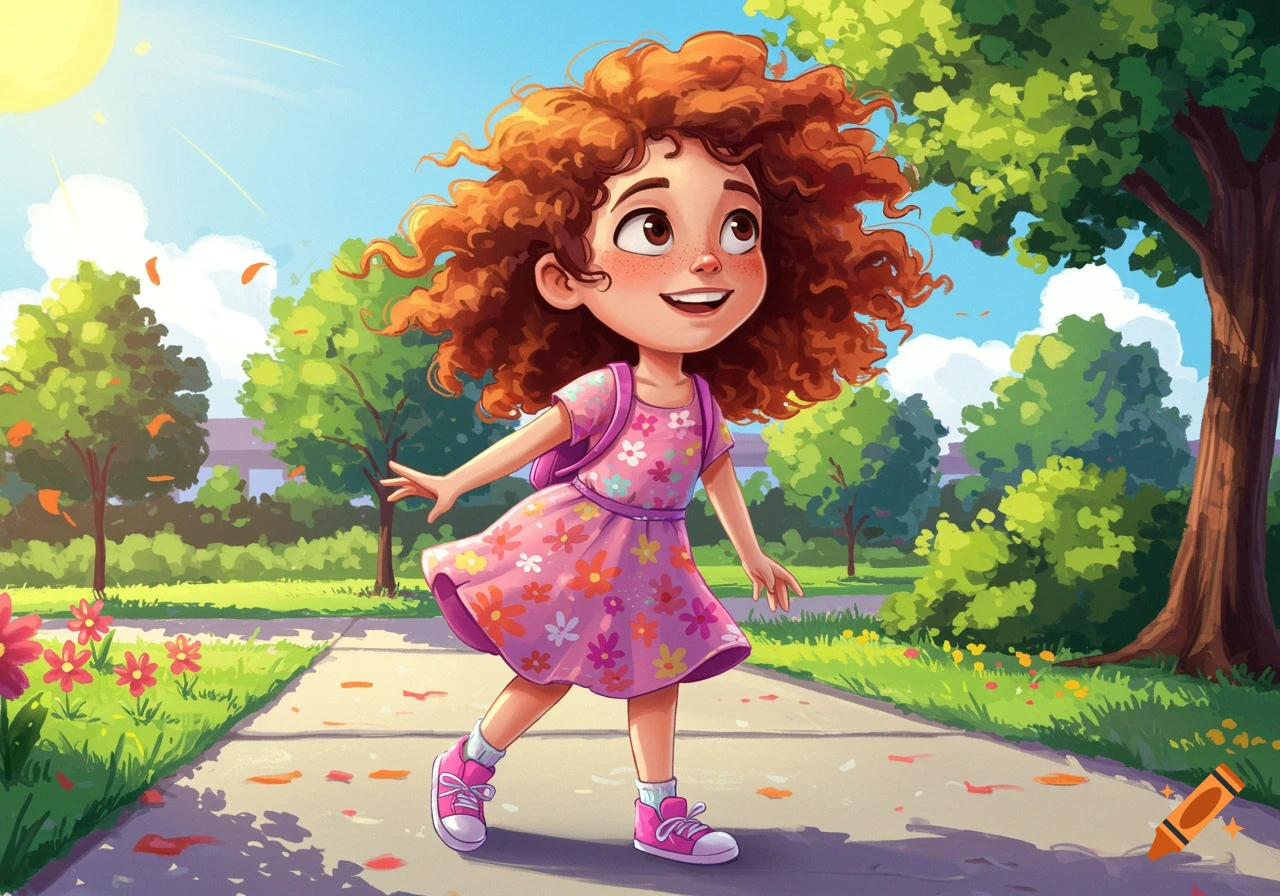 Cartoon illustration of a girl with curly red hair walking on a sunny ...