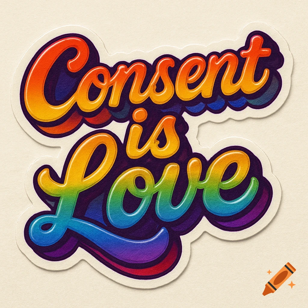 A sticker with rainbow gradient text in a 1980s cursive bubble style that reads 'Consent is Love'