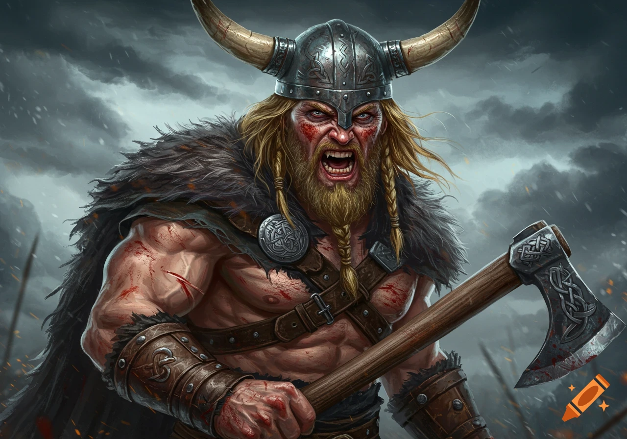 Powerful Viking warrior with axe in battle, screaming. Fantasy art.