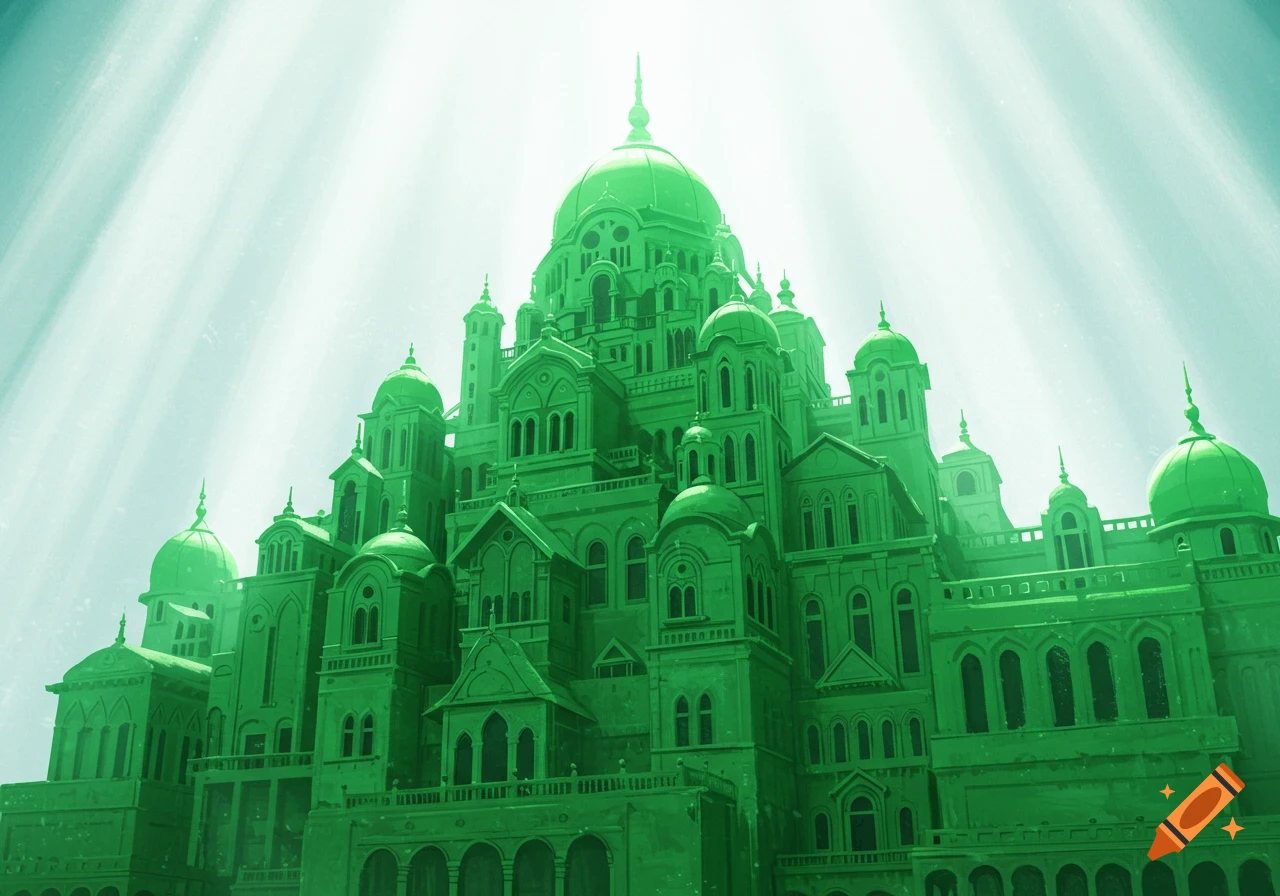 A green palace with many domes and arches, illuminated by bright light rays from above.