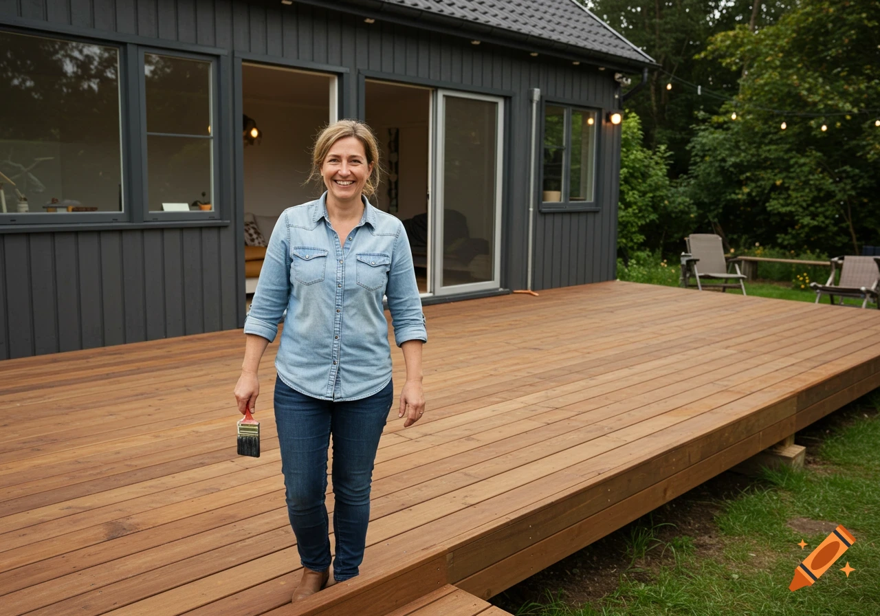 Woman on a new wooden deck holding a paintbrush, smiling.