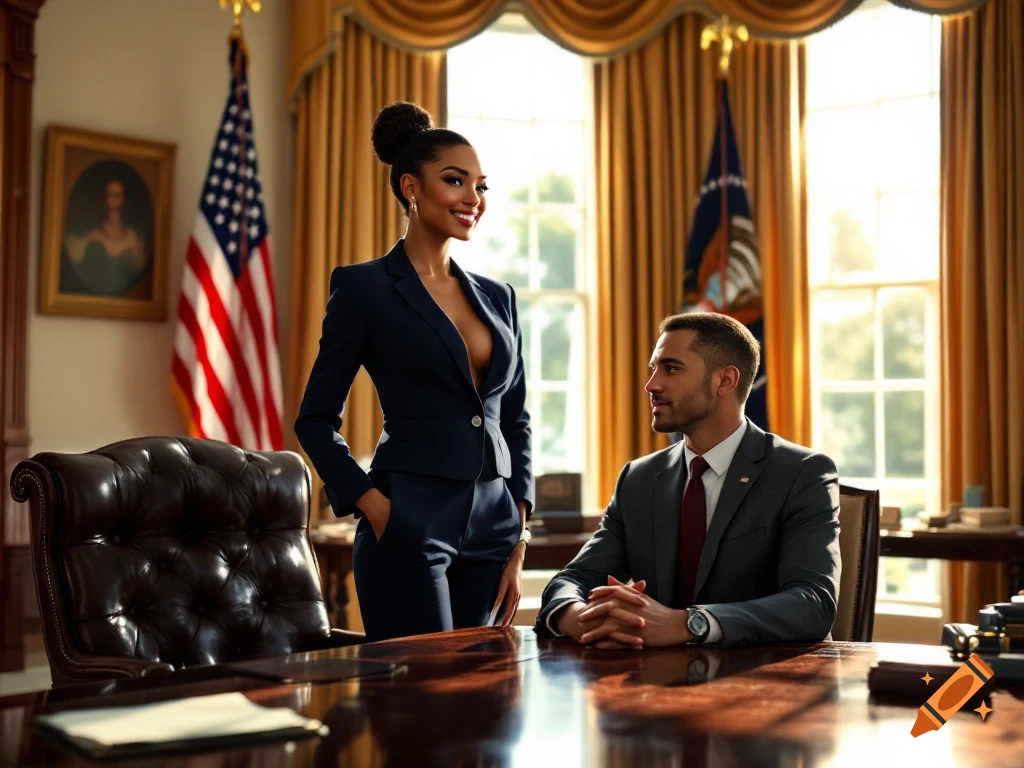 Woman standing and man seated at desk in formal office with flags