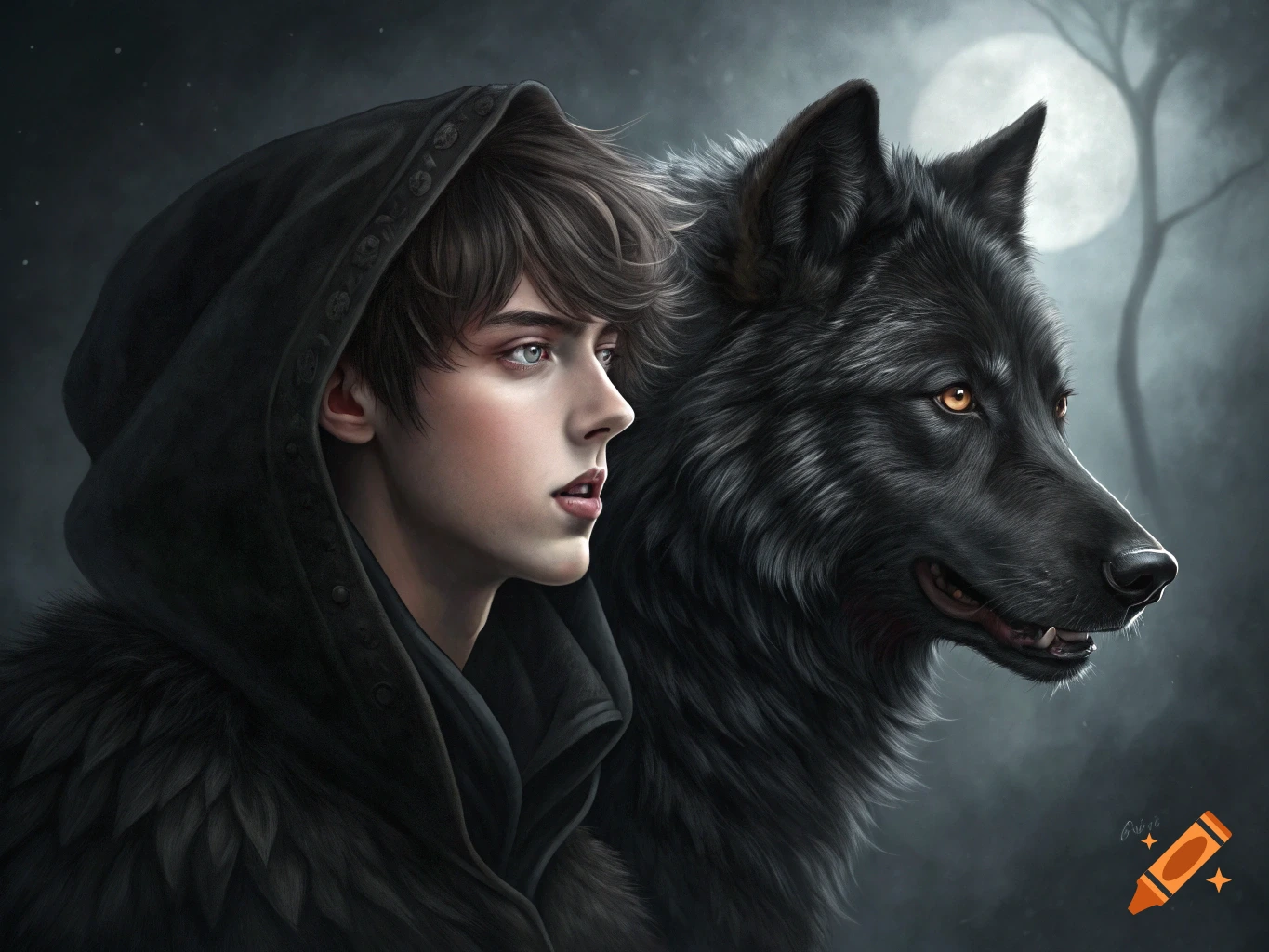 A young man in a dark cloak stands next to a black wolf under a moonlit sky in a fantasy illustration.