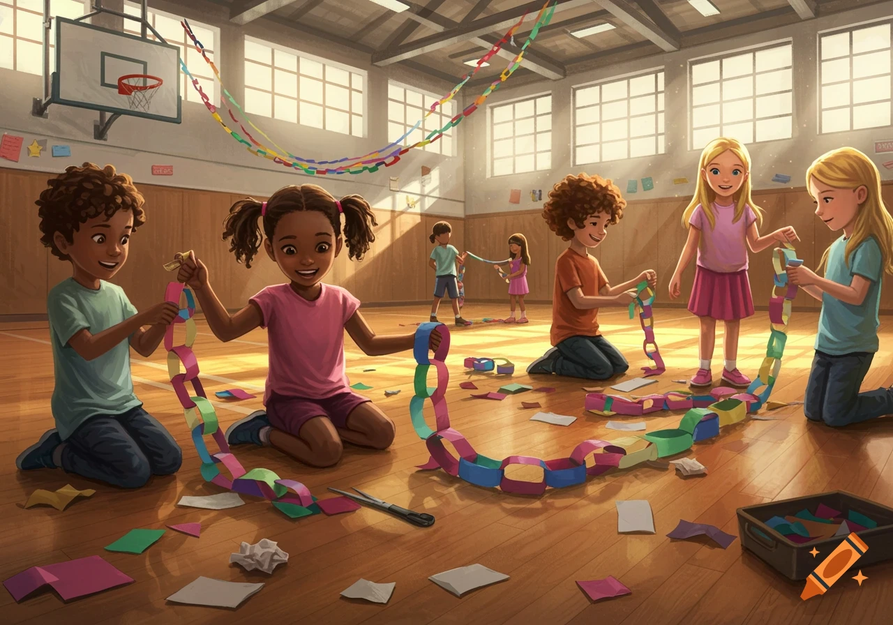 Children make colorful paper chains in a gymnasium