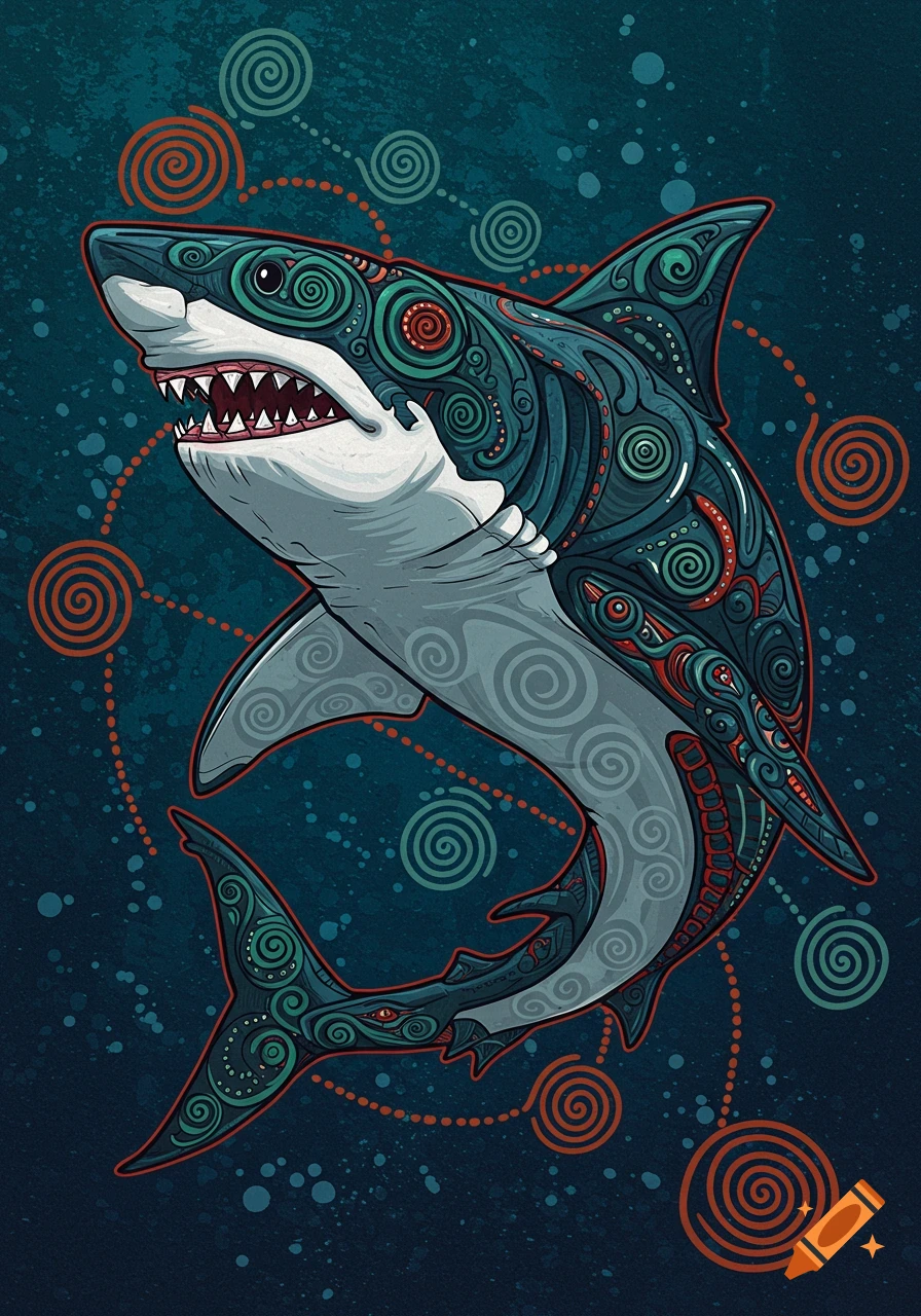 Stylized illustration of a shark covered in green and red tribal patterns on a dark background with swirls.