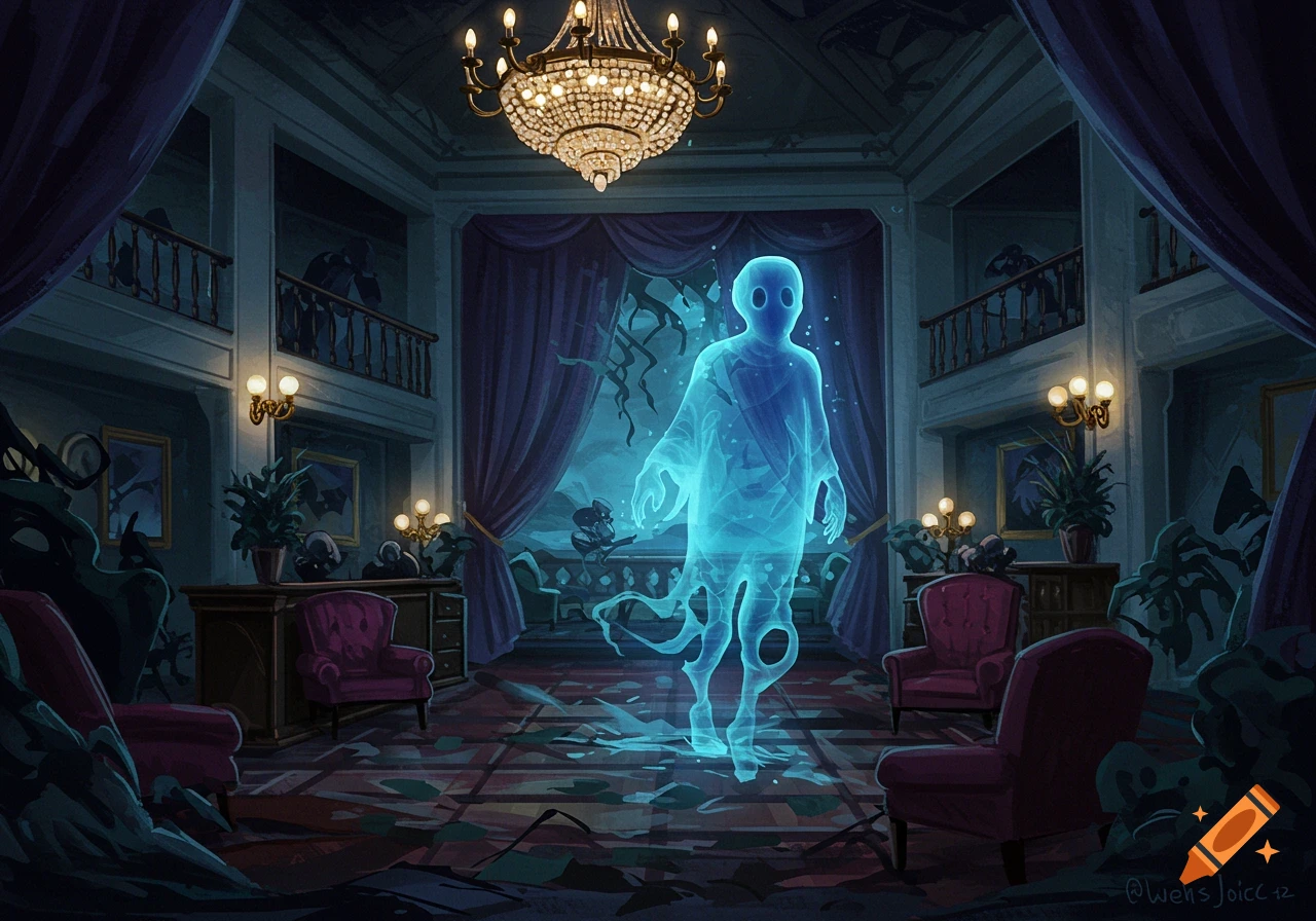 A glowing blue ghost floats in a dark, grand hotel lobby with a large chandelier. Stylized digital painting.