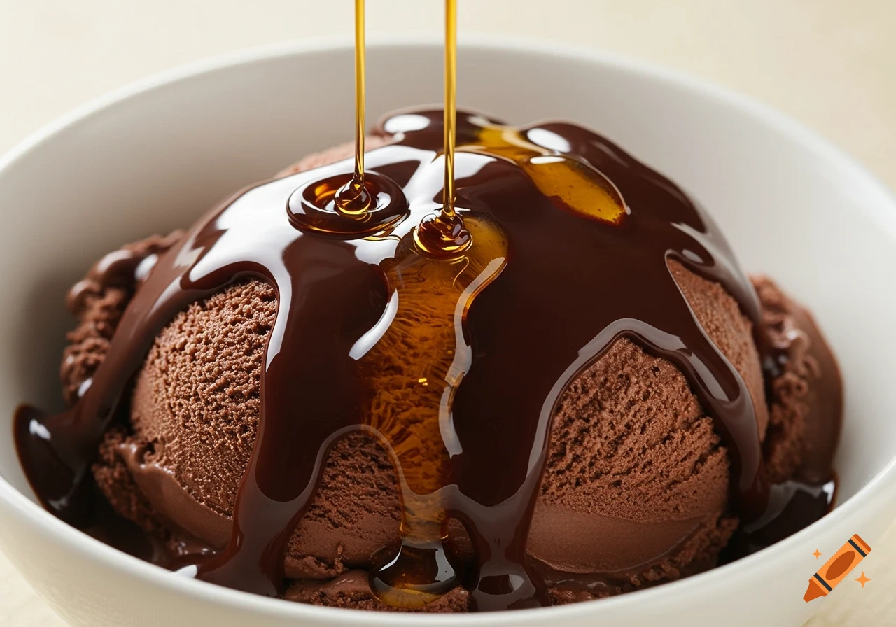 Chocolate ice cream in a white bowl with chocolate and amber syrup poured on top.