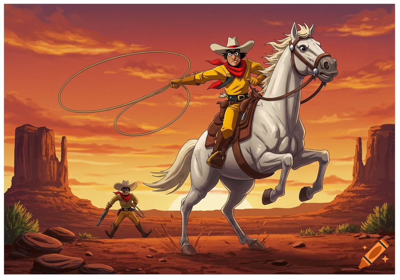 Cartoon cowboy riding a white horse and swinging a lasso in a desert at sunset.