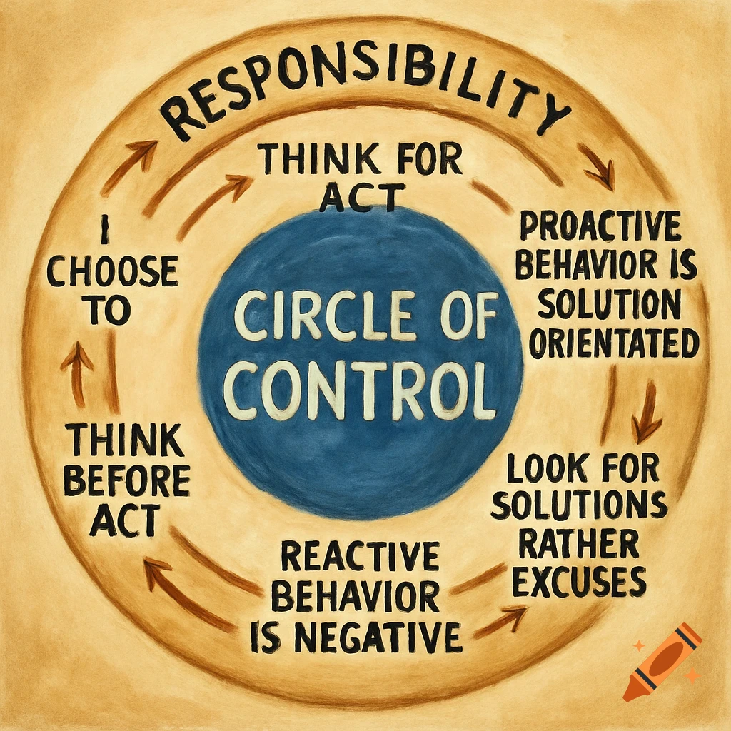 A diagram illustrating the Circle of Control and Responsibility with text and arrows, painted style.