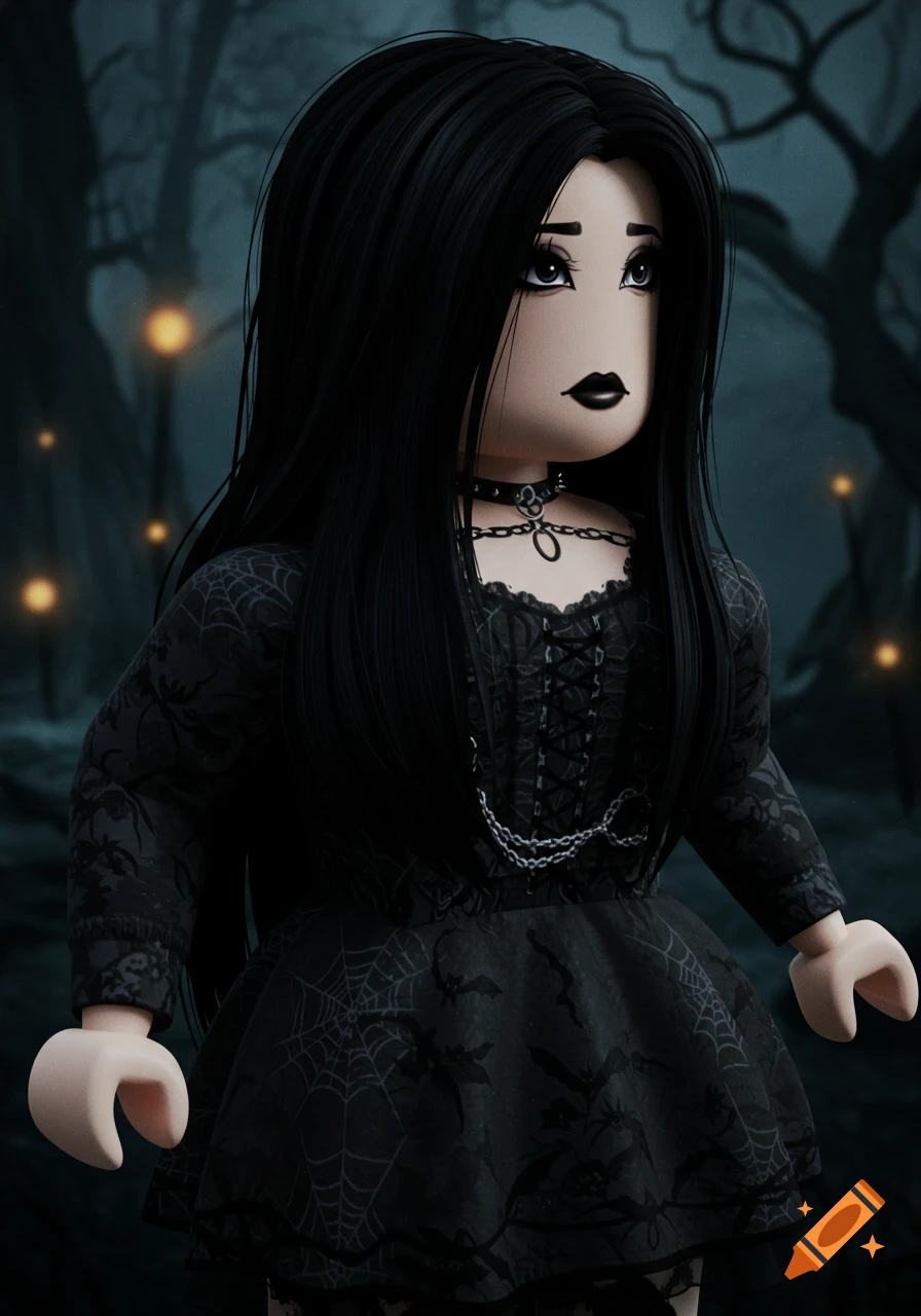 A Roblox-style avatar with long black hair wears a black gothic dress with spiderwebs in a dark forest.