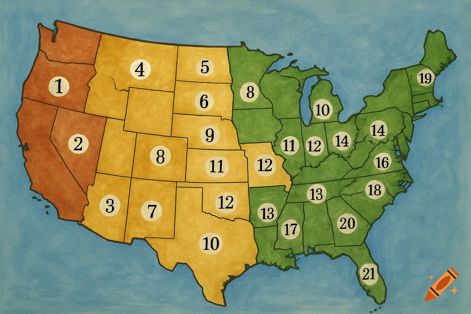 A hand-drawn map of the United States divided into numbered regions 1 through 21.