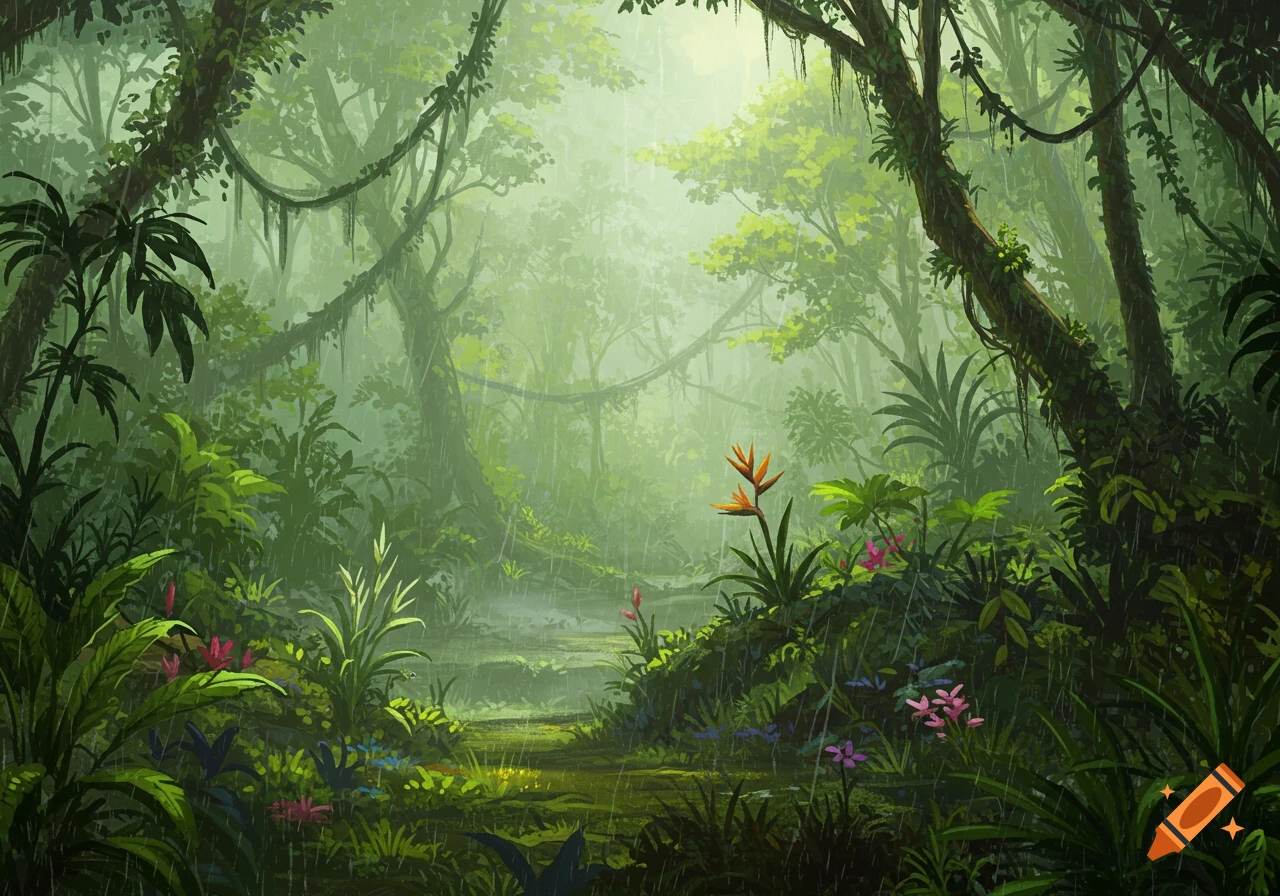 Lush rainforest during a rain shower