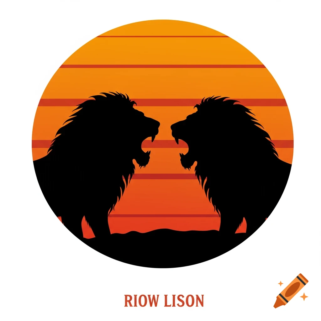 Silhouette illustration of two roaring lions against an orange and yellow striped sunset.