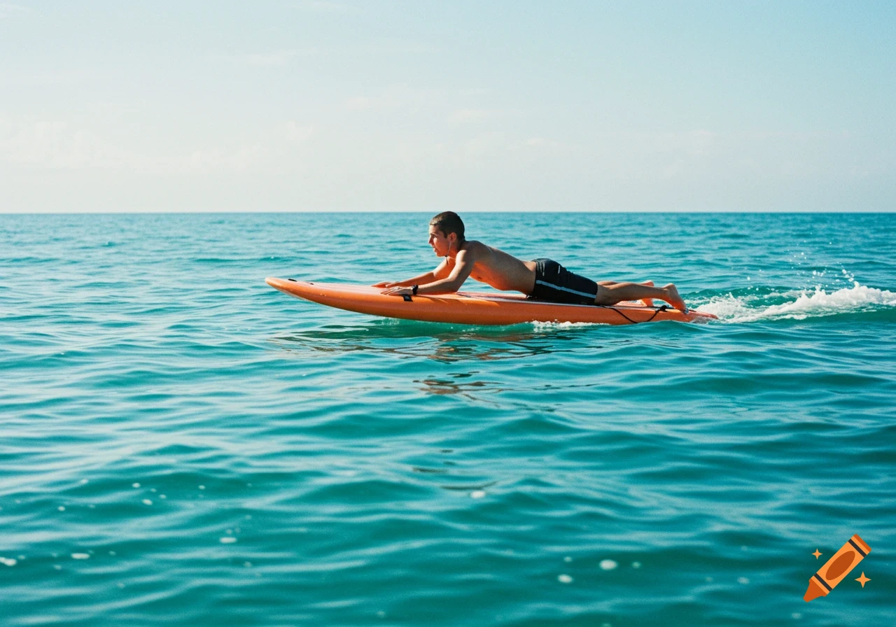 Person paddling on an orange rescue board in the ocean on a sunny day.